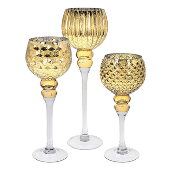 Svícen skleněný kalich, zlatá barva - sada 3 ks