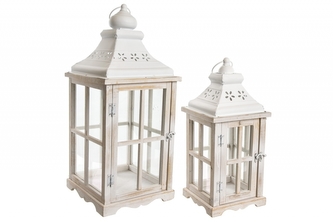 Dřevěná lucerna bílá, sada 2 ks