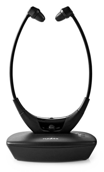 NEDIS bezdrátová TV sluchátka/ RF/ do uší/ výdrž 4,5 hodin/ rozsah 35 m/ digitální zvuk/ vyvážení zvuku/ černé