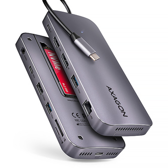 AXAGON HMC-12GM2, USB 10Gbps hub, 3x USB-A, USB-C,  HDMI, DP, RJ-45 GLAN, M.2, SD/mSD, audio, PD 100W, kabel USB-C 50cm