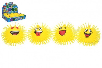 Míček smajlík mačkací chlupatý antistresový svítící silikon 10cm 4 druhy 12ks v boxu