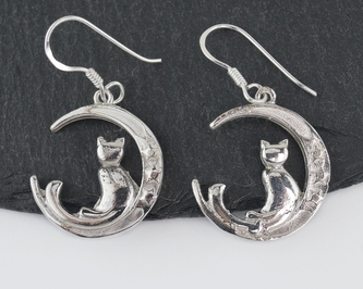Stříbrné visací náušnice Kočka na měsíci
