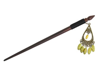 Jehlice do vlasů 18,5 cm, dřevo, kovová ozdoba, korálky F - Slza, světle zelená