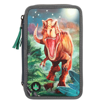 Penál 3 patra s výbavou Dino World, T-Rex v noci, se světelným efektem