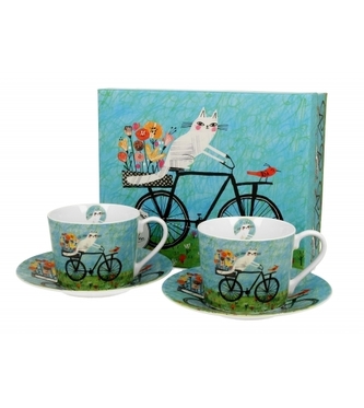 Porcelánový hrnek s podtalířkem Cat's World bicycle 230 ml, sada 2 ks v dárkové krabičce