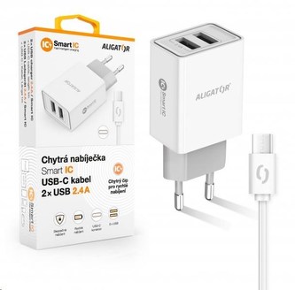 Aligator síťová nabíječka, 2x USB, kabel USB-C 2A, smart IC, 2,4 A, bílá