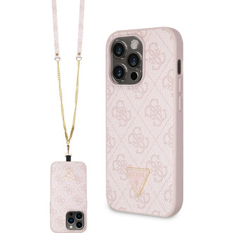 Guess PU 4G Strass Triangle Metal Logo Kryt + Crossbody Popruh iPhone 15 Pro Max růžový