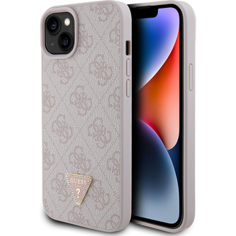 Guess PU 4G Strass Triangle Metal Logo kryt iPhone 15 Plus růžový