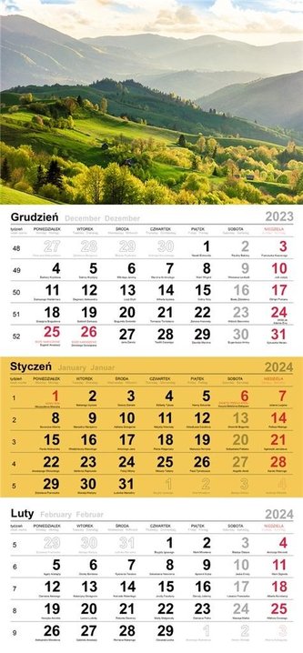 Kalendarz 2024 Trójdzielny zielone wzgórza