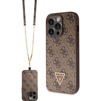 Guess PU 4G Strass Triangle Metal Logo Kryt + Crossbody Popruh iPhone 15 Pro Max hnědý