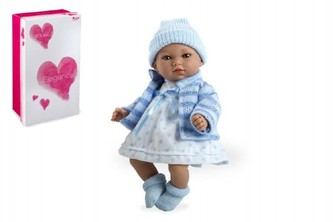 Panenka miminko Andrea 28cm modré měkké tělo se zvukem na baterie v krabici