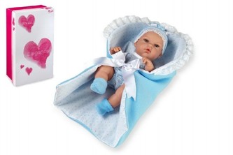 Panenka/miminko 33cm modré tvrdé tělo v zavinovačce v krabici