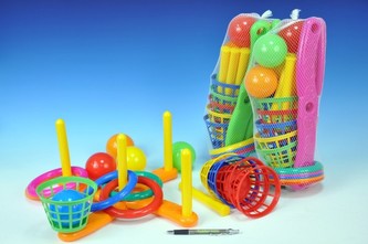 Hádzacia hra kríž s kruhmi a košíkmi + 5 loptičiek+5 kruhov plast v sieťke