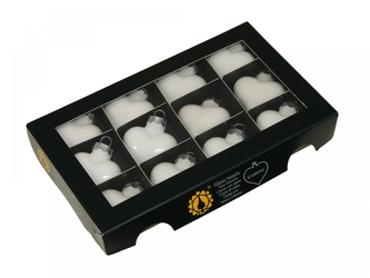 Skleněné baňky - srdíčka 4 cm, bílý opál, sada 12 ks