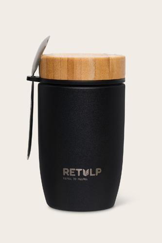 Velký termo dvoustěnný hrnek/kulatý box s bambusovým víčkem a lžicí černý 500ml RETULP