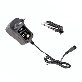 Spínaný síťový napájecí adaptér 24W, 2A, nastavitelné napětí 3V/4,5V/6V/7,5V/9V/12V, sada výměných konektorů, nastavitelná polarita, stabilizovaný