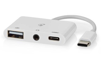 NEDIS USB 2.0 multiport adaptér/ zástrčka USB-C/ zásuvka USB-A/ zásuvka USB-C/ zásuvka 3,5 mm/ 480 Mbps/ kulatý/ poniklo