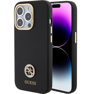Guess Liquid Silicone 4G Strass Metal Logo kryt iPhone 15 Pro Max černý