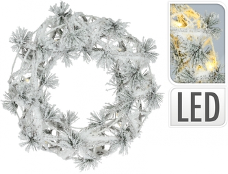 Umělý zasněžený LED věnec z borovice 30 cm