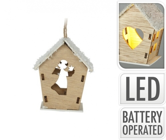 Dřevěný LED domeček s andělem 6x8,5x7 cm