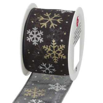 Stuha textilní, černá s vločkami