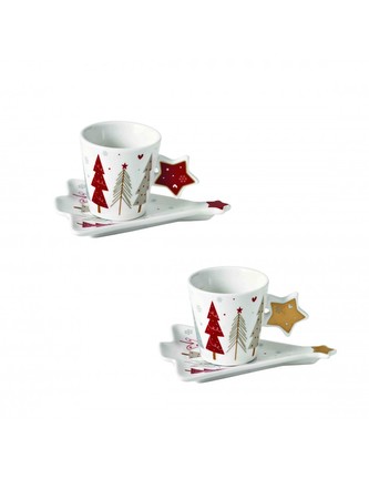 Vánoční sada 2 šálků s podšálkami ve tvaru stromečku na presso 60 ml Fiocco di Neve BRANDANI