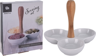 Servírovací porcelánová trojmiska s dřevěnou rukojetí