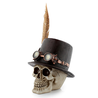 Steampunk dekorace Lebka s cylindrem a peřím