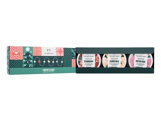 The Body Shop Comfort & Cheer tělové máslo Body Butter Strawberry 50 ml + tělové máslo Body Butter Almond Milk 50 ml + tělové máslo Body Butter British Rose 50 ml