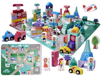 Městské vzdělávací dřevěné kostky s podložkou 128 ks