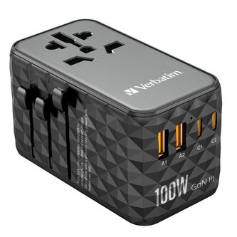 Univerzální cestovní adaptér UTA-06, 2xUSB-C, PD 100W a QC4+/2xUSB-A QC 3.0 černá Verbatim Univerzální cestovní adaptér UTA-06, 2xUSB-C, PD 100W a QC4+/2xUSB-A QC 3.0 černá Verbatim