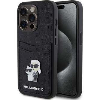 Karl Lagerfeld PU Saffiano Card Slot Metal Karl and Choupette Kryt iPhone 15 Pro černý