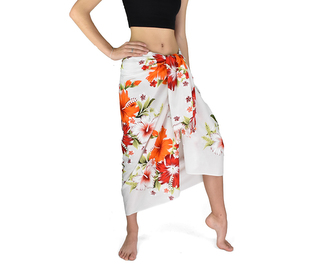 Sarong - Pareo VERADIS, bílý, oranžové a červené ibišky