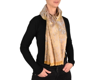 Šátek kašmírské hedvábí hnědo-modrá - květy