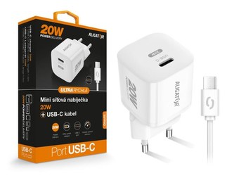 ALIGATOR chytrá síťová mini nabíječka PD 20W, 1x USB-C, kabel USB-C/USB-C, bílá