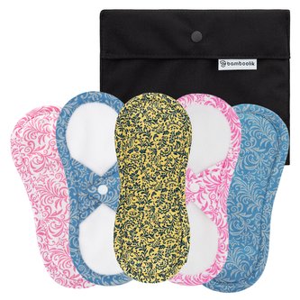Bamboolik Výhodné sady | Slipové vložky látkové | satén & biobavlna Barva: 5 ks: 2x světle modrá, 2x růžová, 1x žlutá + Pytlík mini Černý, Varianta: Sada 5 ks - Na patentek + Pytlík mini černý