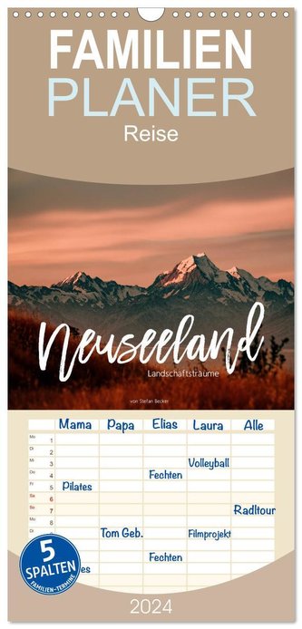 Familienplaner 2024 - Neuseeland - Landschaftsträume mit 5 Spalten (Wandkalender, 21 x 45 cm) CALVENDO
