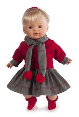 TYBER Anna blondýna v červeném plačící panenka s dudlíkem, vel. 38 cm