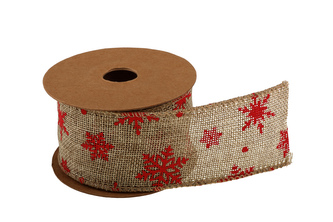 Vánoční jutová stuha vzor vločka 5cm x 5m AJ1605 47 - přírodní/červená
