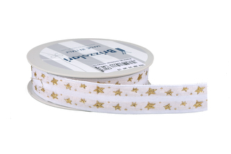 Stuha textilní tkaná hvězdy 384 2,5cm x 15m - 01 BÍLÁ/ZLATÁ