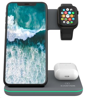 CANYON Bezdrátová nabíječka WS-303DG,3v1,vstup 9V/2A,12V/2A,výstup 15/10/7.5/5W, USB-C > USB-A, vč. AC adaptéru,šedá CANYON Bezdrátová nabíječka WS-303DG,3v1,vstup 9V/2A,12V/2A,výstup 15/10/7.5/5W, USB-C > USB-A, vč. AC adaptéru,šedá