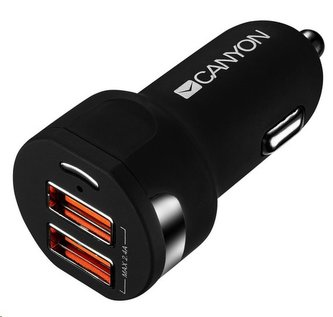 CANYON Univerzální 2xUSB auto nabíječka, Input 12V-24V, Output 5V-2.4A, Smart IC, černá CANYON Univerzální 2xUSB auto nabíječka, Input 12V-24V, Output 5V-2.4A, Smart IC, černá