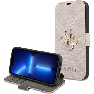 Guess PU 4G Metal Logo Book pouzdro iPhone 15 Pro Max růžové