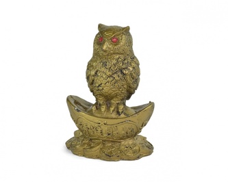 Sovička pozlacená 9 cm, sedící na ingotu