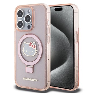 Hello Kitty IML Ringstand Glitter Kitty Head Logo MagSafe kryt iPhone 15 Pro růžový