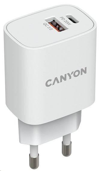 CANYON nabíječka do sítě H-20-04, 1x USB-C PD 20W, 1x USB-A QC 3.0 18W, bílá CANYON nabíječka do sítě H-20-04, 1x USB-C PD 20W, 1x USB-A QC 3.0 18W, bílá