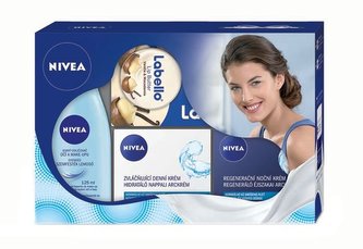 Nivea Sensitive Day Care zvláčňující denní krém 50 ml + regenerační noční krém 50 ml + odličovač očí a makeupu 125 ml + balzám na rty Vanilla & Macadamia 19 ml
