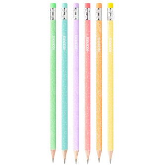 Trojhranná obyč. tužka Grafitos Style Pastel, pastelová s bílým potiskem, 2 = HB, barevná pryž, mix 6 barev,  cena za 1 ks