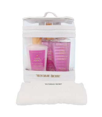 Victoria´s Secret Love Addict vyživující tělový spray 60 ml + tělové mléko 60 ml + sprchový gel 60 ml + hřeben + ručník + kosmetická taška