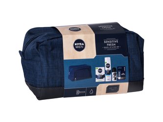 Nivea Men Sensitive balzám po holení 100 ml + gel na holení 200 ml + roll-on Black & White Invisible 50 ml + balzám na rty Labello Active For Men 4,8 g + kosmetická taška